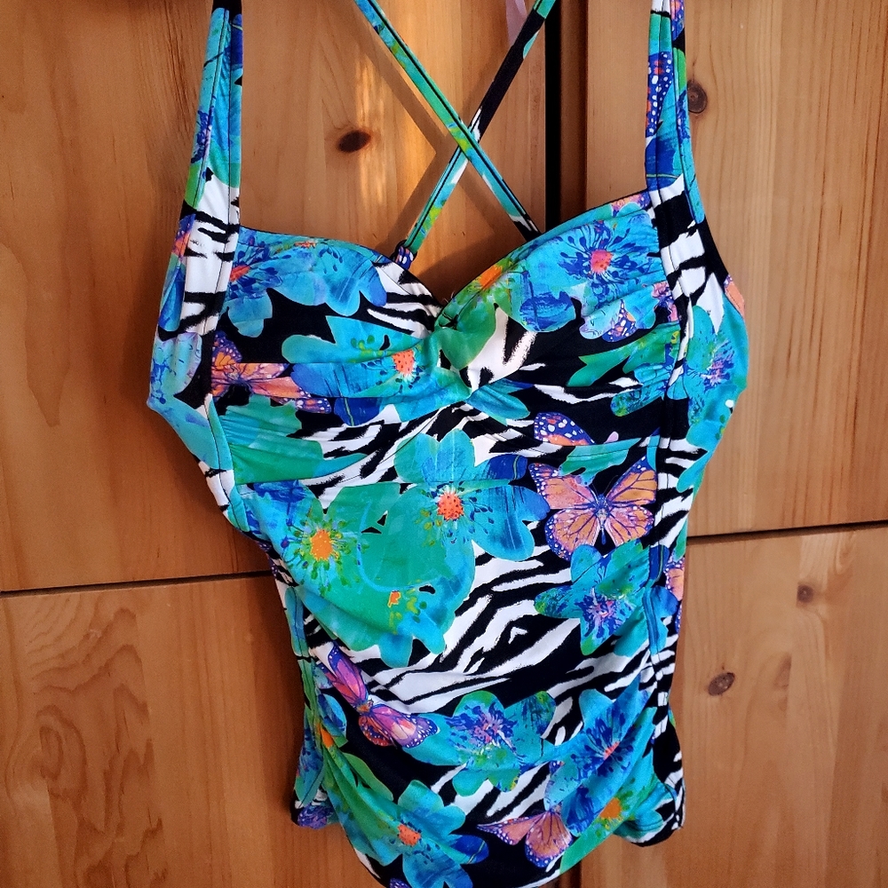 Seafolly Black & Green Floral Tankini Top size 8